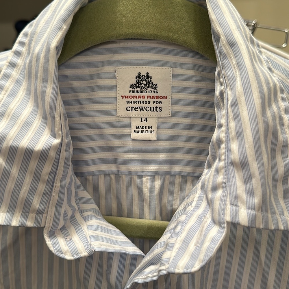 J.Crew Crewcuts Thomas Mason Blue & White Striped Button-Up Shirt Size 14 BOYS - Picture 2 of 7